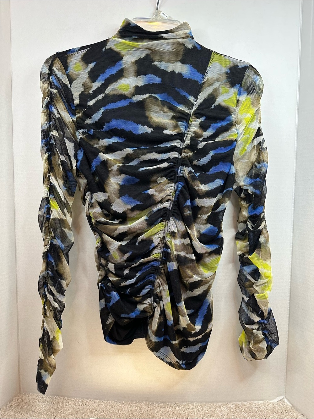 DKNY Ruched Long Sleeve Mock Neck Top in Black, Blue & Neon Yellow, XS,NWT